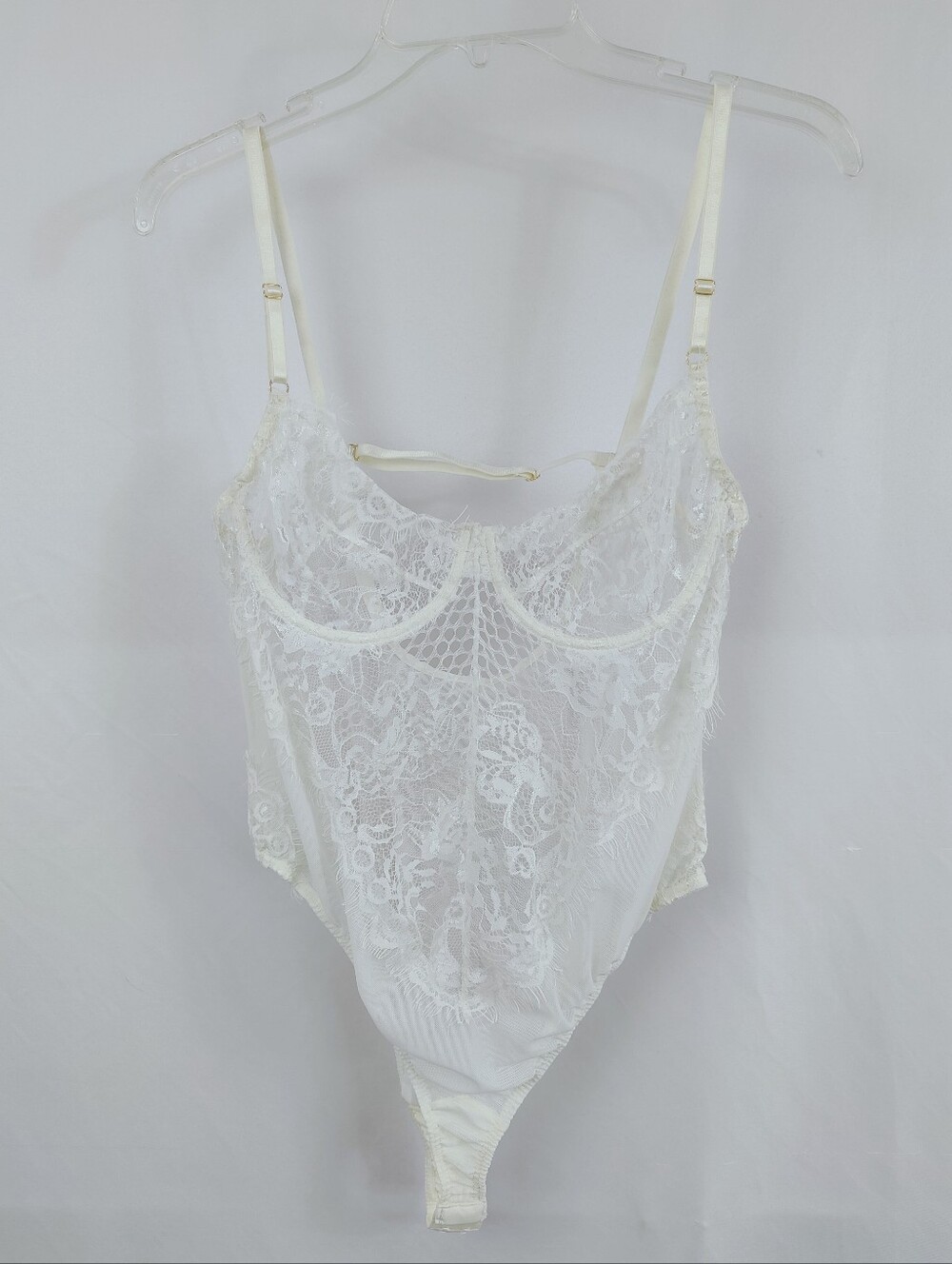 Off White Eyelash Lace Mesh U-Back Underwire Teddy Bodysuit, Sz S-M - Picture 6 of 9